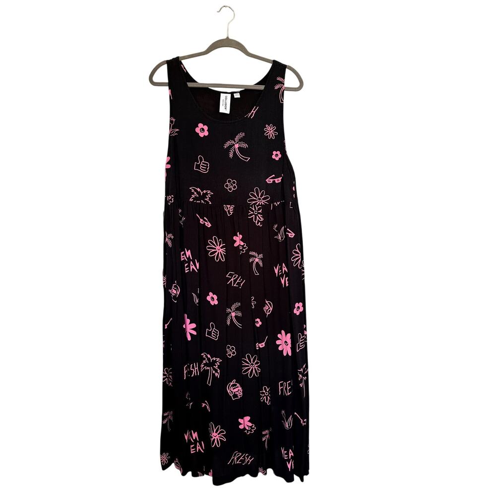 Collusion Black Pink Graphic Print Maxi Dress Tank Smocked Sleeveless US10